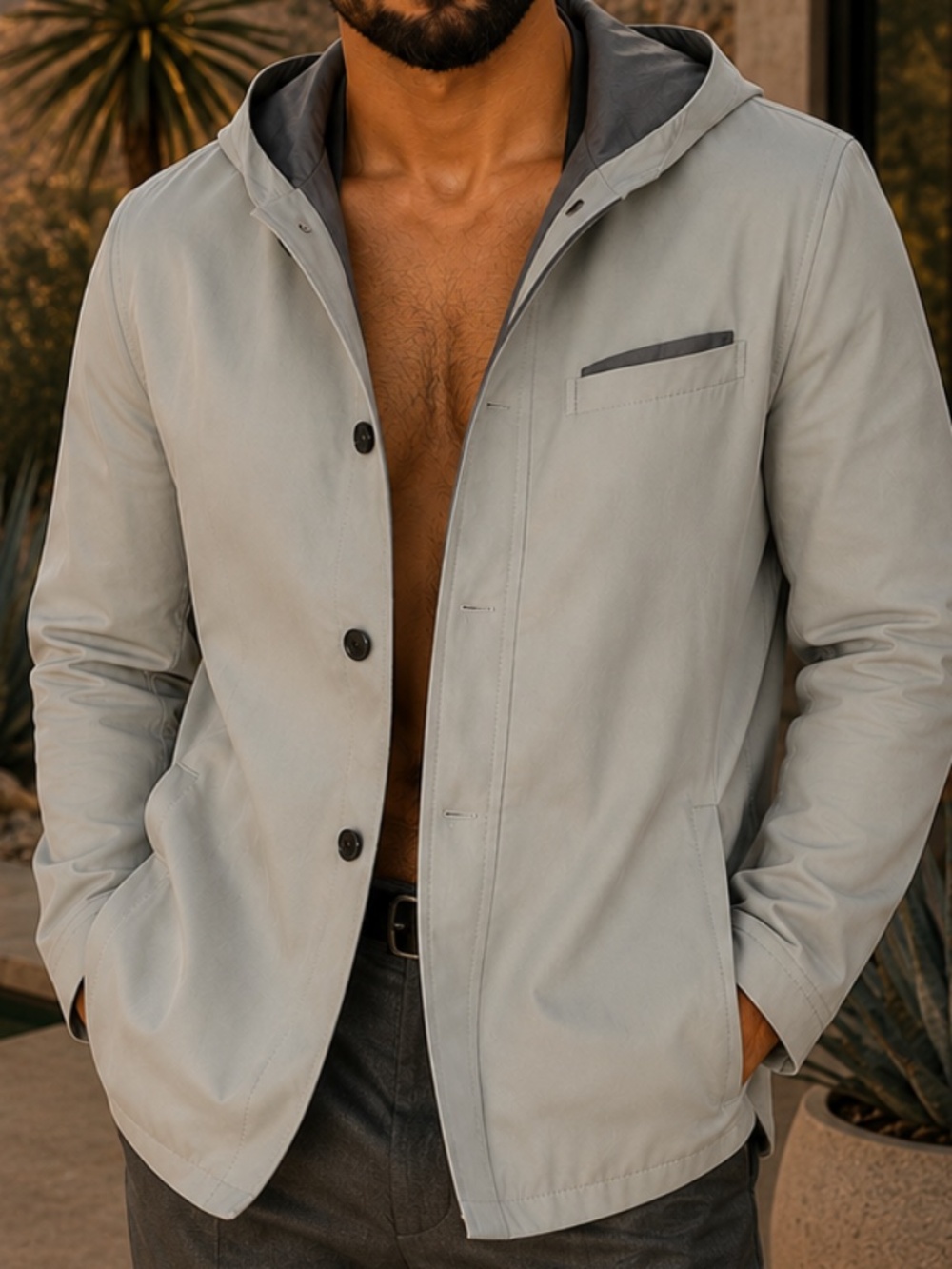 Prada Men’s Light Gray Hooded Stretch Jacket Made in Italy Medium 46 Chest